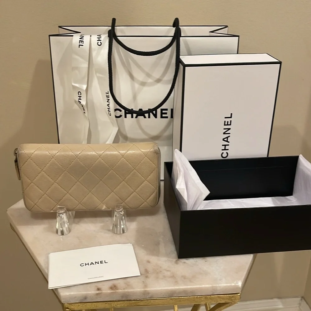 Chanel beige quilted lambskin zip around wallet